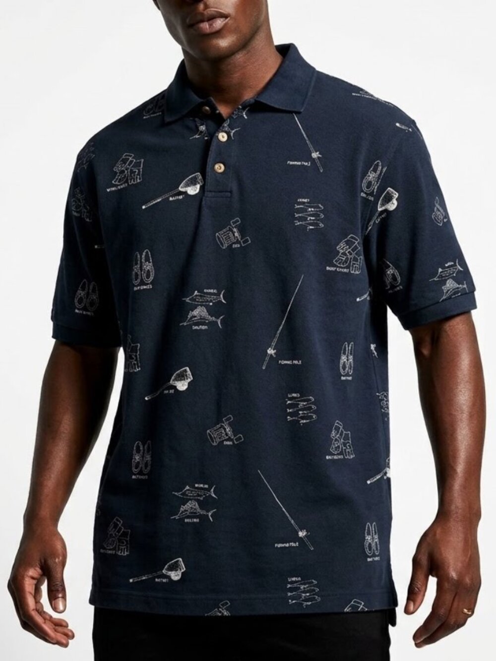 Cotton Traders Sport XL Vintage Fishing Novelty Print Navy Polo Shirt